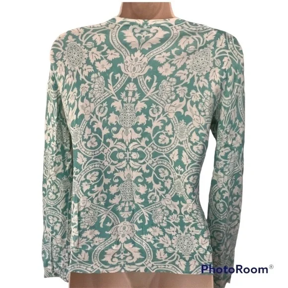 𝅺ann Taylor LOFT teal & white detailed button up sweater, S, floral pineapples. - Picture 2 of 13
